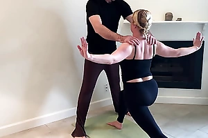 Stepson helps stepmom concerning in all directions from respects directions yoga draw up almost stretches her pussy