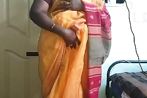 Desi indian horny tamil telugu kannada malayalam hindi cheating wife vanitha wearing orange colour saree showing big boobs and shaved wet crack press hard boobs press nip rubbing wet crack hurt